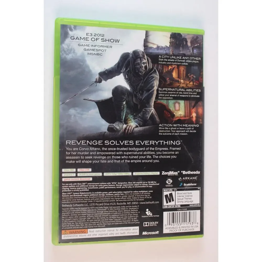 Dishonored (Microsoft Xbox 360 Game, 2012) Authentic, Complete, Tested/Works